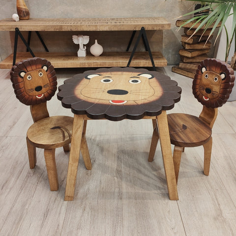 Lion Table Set with 2 Chairs - Handcrafted Wooden Play Furniture - SuperSaverAU - view 1