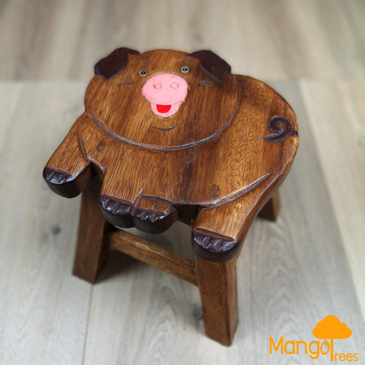 Kids Wooden Stool Pig - 26cm x 26cm x 26cm - Solid Raintree Wood, Hand-Carved, Non-Toxic