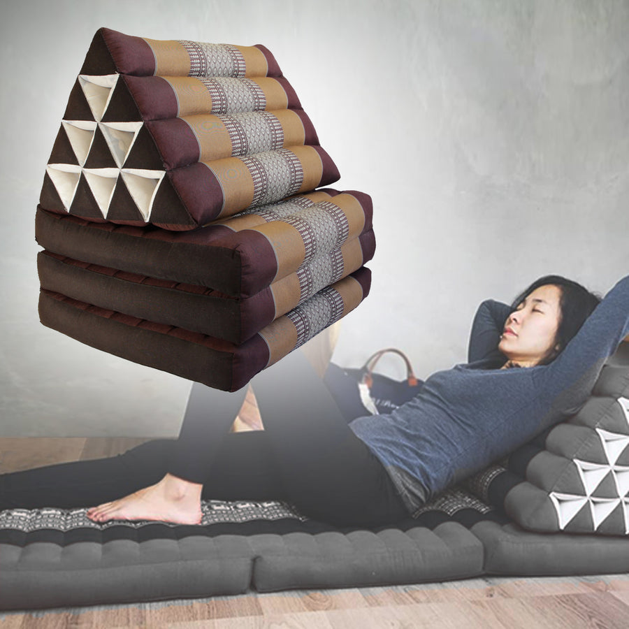 Large Thai Triangle Pillow THREE FOLDS Brown - 100% Handmade Cotton, Organic Kapok, 160cm x 50cm - SuperSaverAU - view 1