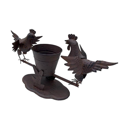 Rust Chooks w Planter On Base 26cm