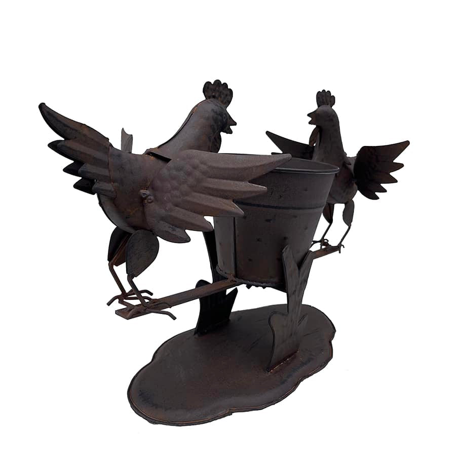 Rust Chooks w Planter On Base 26cm
