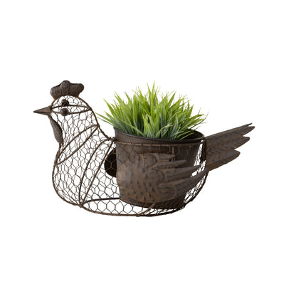 Chicken Wire Planter with Handle, Rust Iron, 35 x 20 x 11 cm