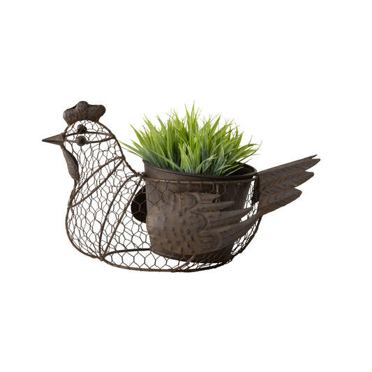 Chicken Wire Planter with Handle, Rust Iron, 35 x 20 x 11 cm