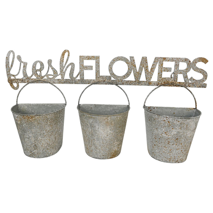 Three Bucket 'Fresh Flowers' Wall Planter 51x26cm