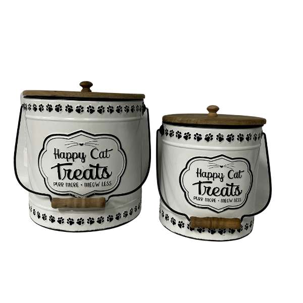 Set 2 Nested Happy Cat Treats Tins w/ Lid, 24x27cm, Iron & Fir Wood, Vintage Style