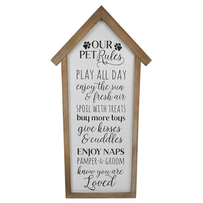Pet Rules Wall Sign - Fir Wood Wall Art Decor, 33x66cm, White/Black/Natural