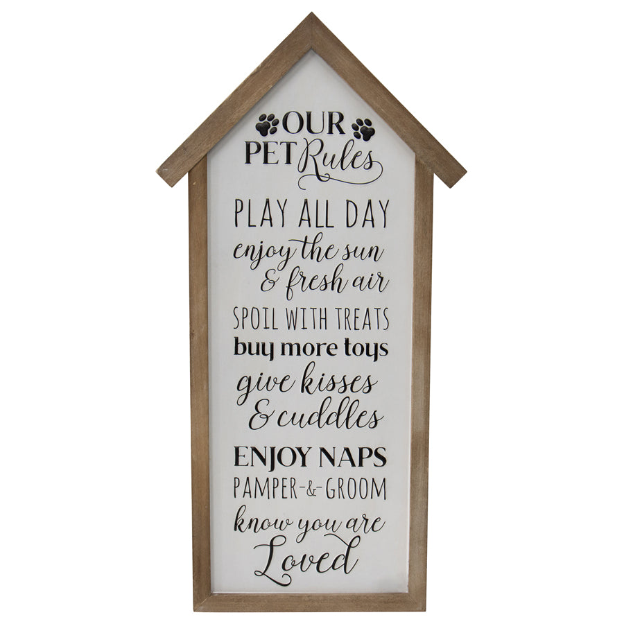 Pet Rules Wall Sign - Fir Wood Wall Art Decor, 33x66cm, White/Black/Natural