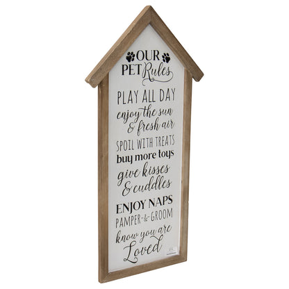Pet Rules Wall Sign - Fir Wood Wall Art Decor, 33x66cm, White/Black/Natural