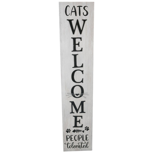 Cats Welcome Wall Sign, MDF Timber, White/Black, 17x80cm