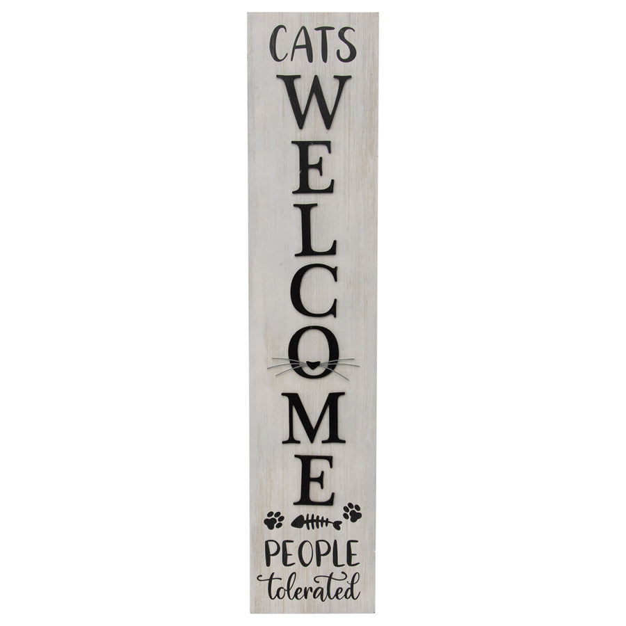 Cats Welcome Wall Sign, MDF Timber, White/Black, 17x80cm