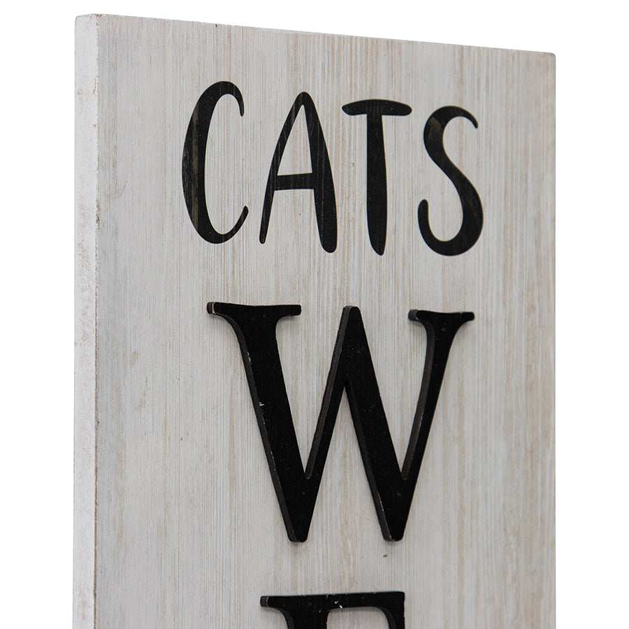 Cats Welcome Wall Sign, MDF Timber, White/Black, 17x80cm