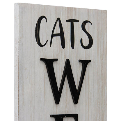 Cats Welcome Wall Sign, MDF Timber, White/Black, 17x80cm