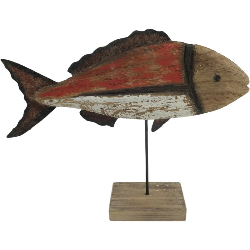 Handcrafted Fish On Base Ornament 30cm - Natural, Whitewash, Redwash