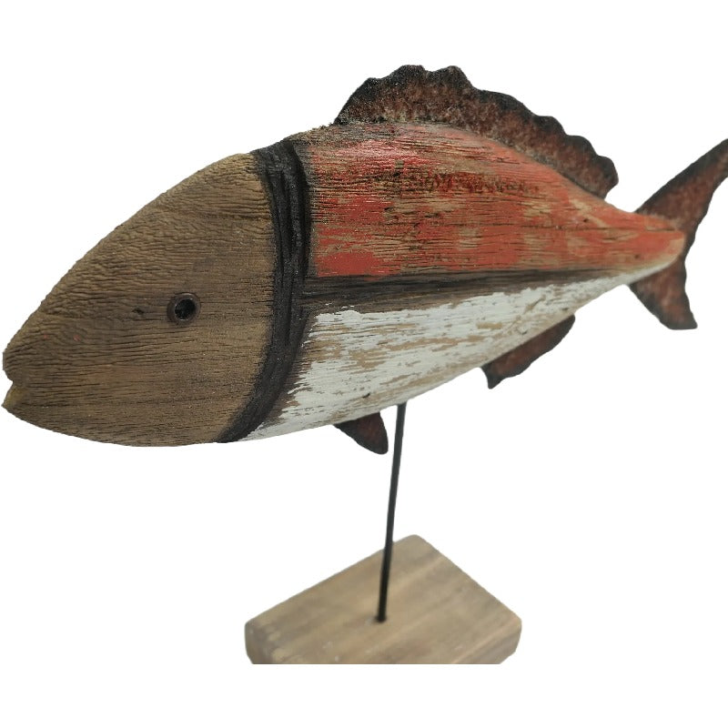Handcrafted Fish On Base Ornament 30cm - Natural, Whitewash, Redwash