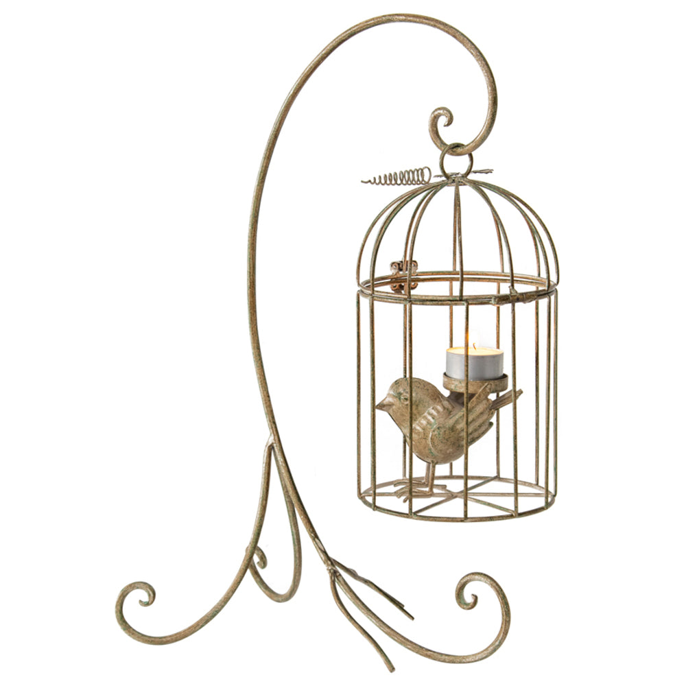 Premium Birdcage Candle Holder on Stand & Planter 42cm - Distressed White