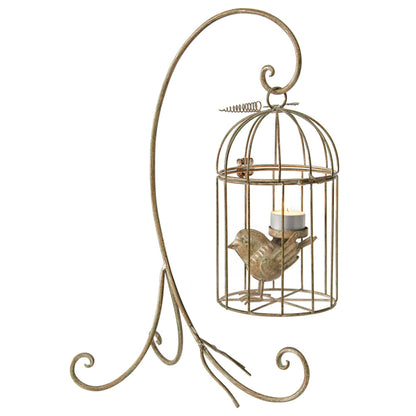 Premium Birdcage Candle Holder on Stand & Planter 42cm - Distressed White