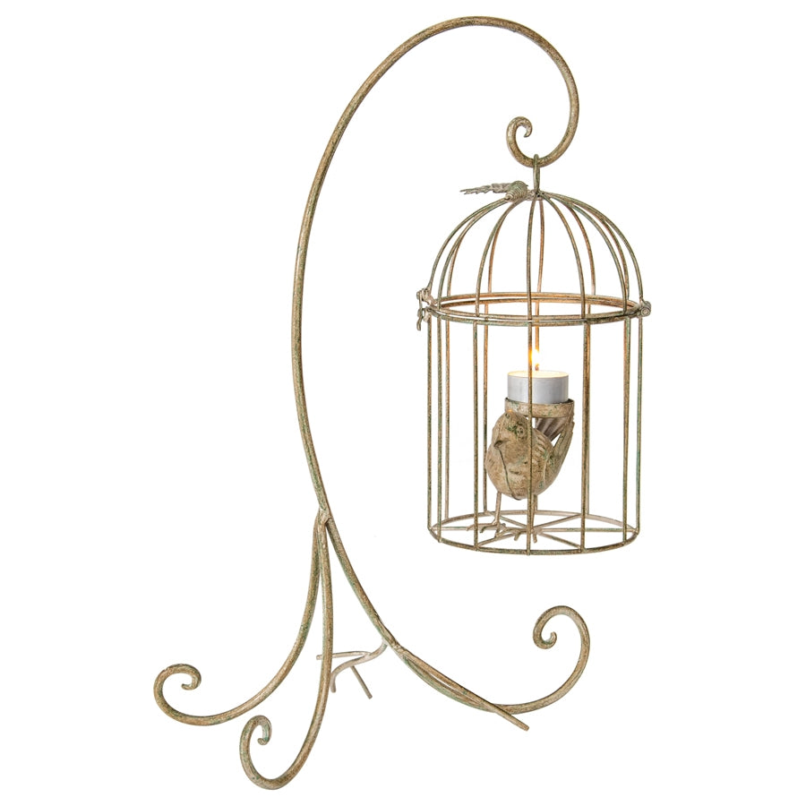 Premium Birdcage Candle Holder on Stand & Planter 42cm - Distressed White