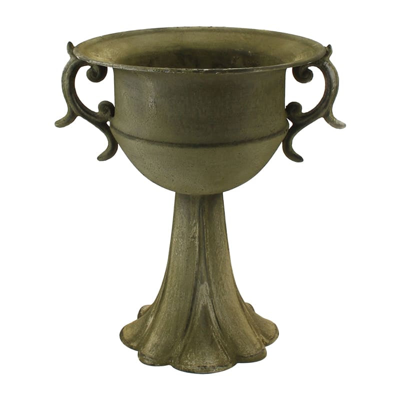 Distressed Green Metal Urn on Petal Stand, 27x22x28.5 cm