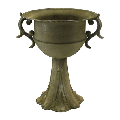 Distressed Green Metal Urn on Petal Stand, 27x22x28.5 cm