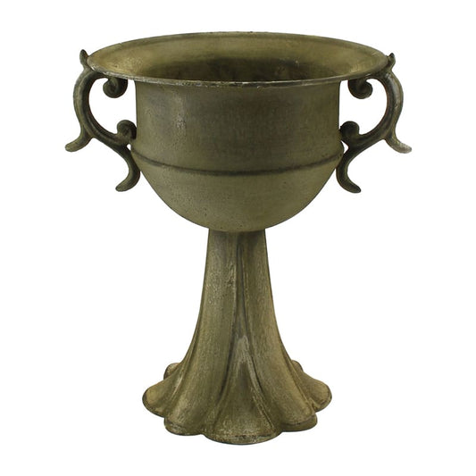 Distressed Green Metal Urn on Petal Stand, 27x22x28.5 cm