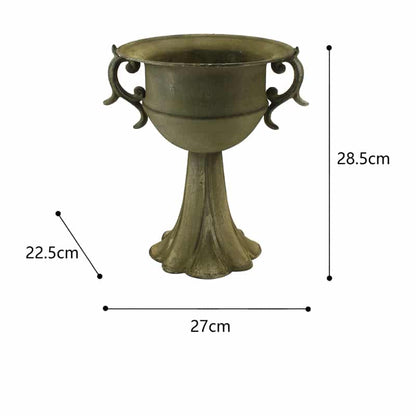Distressed Green Metal Urn on Petal Stand, 27x22x28.5 cm