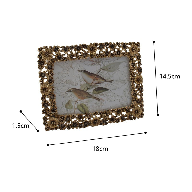 Antique Gold Metal Photoframe w Flowers 18cm