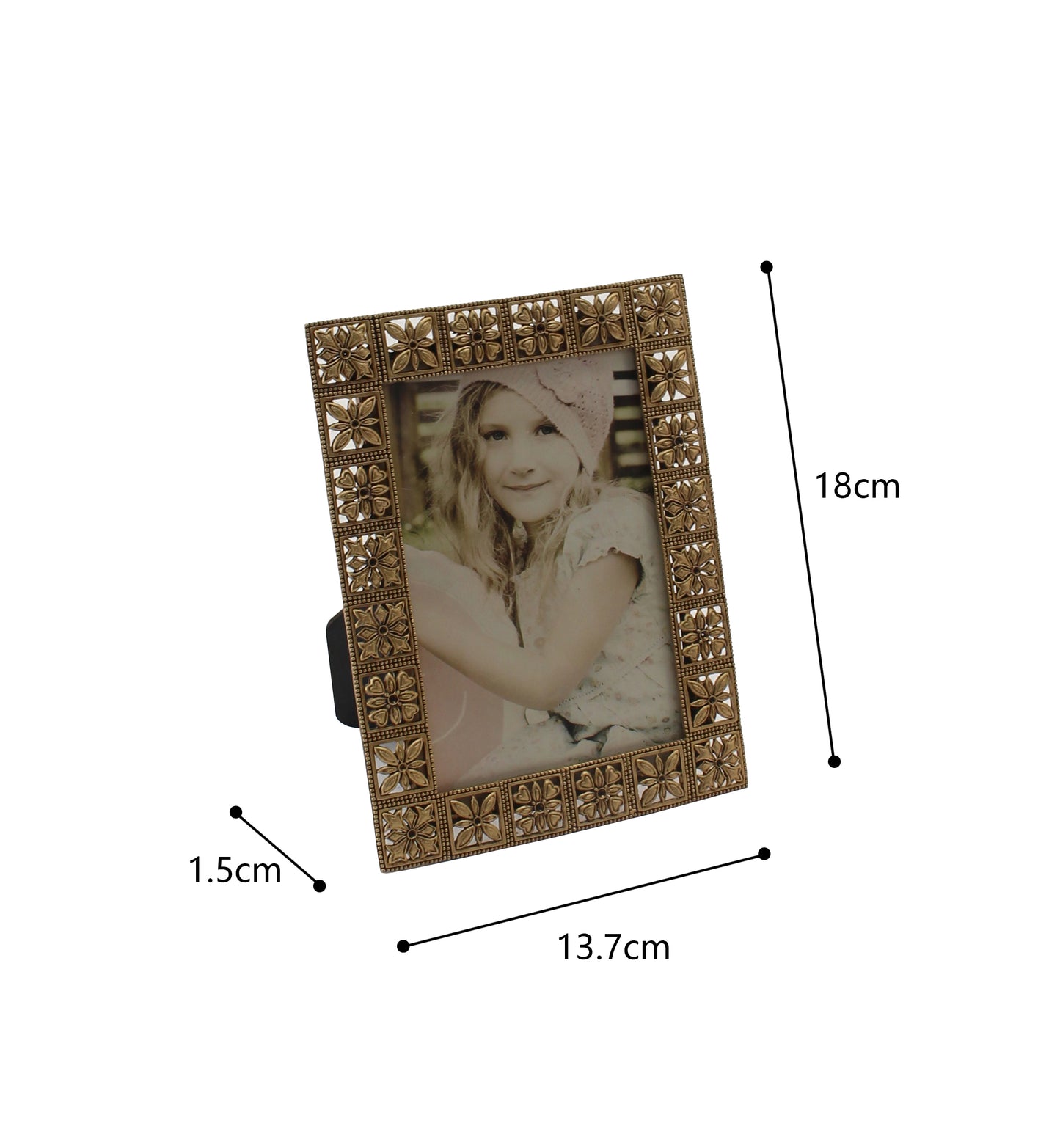 Antique Gold Metal Photoframe with Flower Squares - 18cm