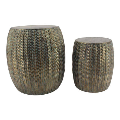 Set 2 Nested Lustre Barrel Side Table/Stools - Antique Gold/Green, 46cm