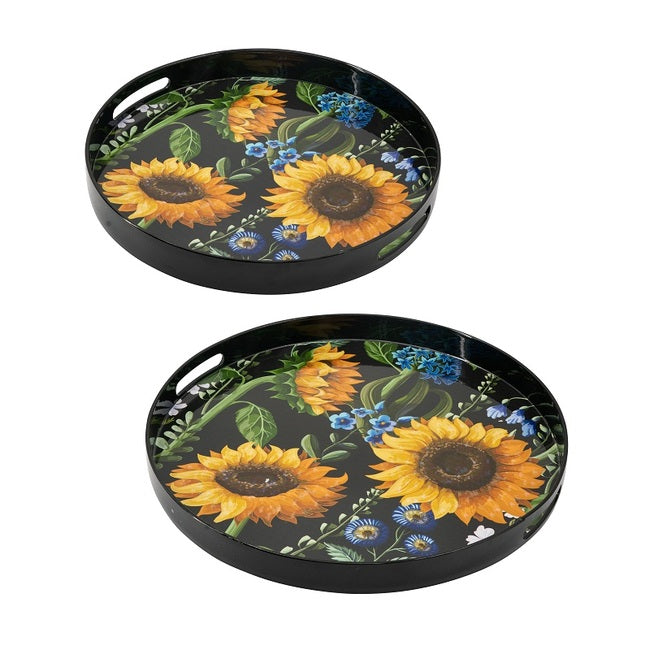 Premium Decorative Round Trays Set 2 with Sunflower Design - Yellow, Black, Green