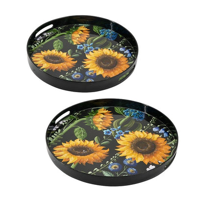 Premium Decorative Round Trays Set 2 with Sunflower Design - Yellow, Black, Green