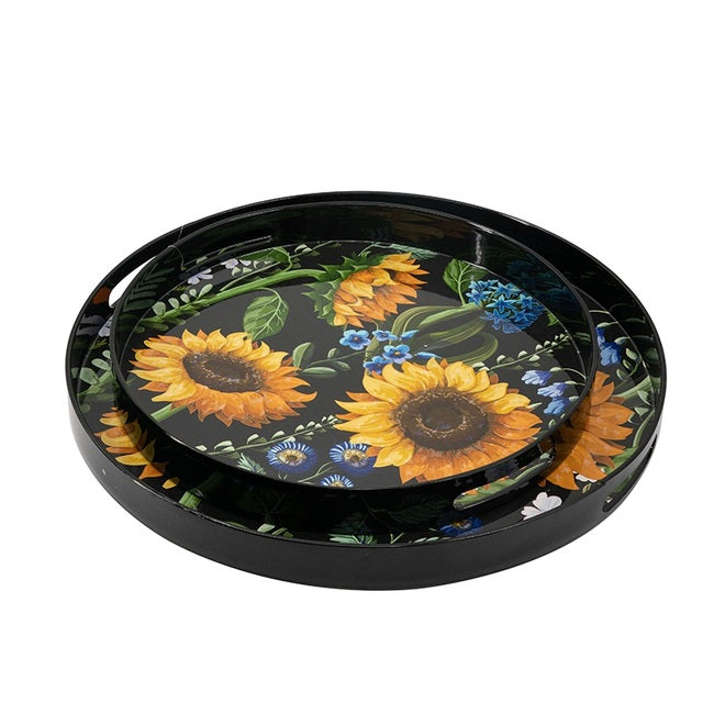 Premium Decorative Round Trays Set 2 with Sunflower Design - Yellow, Black, Green