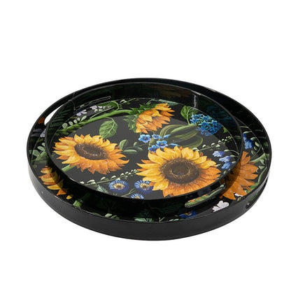 Premium Decorative Round Trays Set 2 with Sunflower Design - Yellow, Black, Green