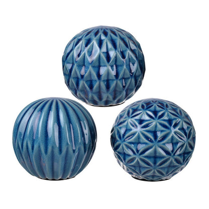 Set of 3 Blue Marbleized Balls - 10cm Ceramic