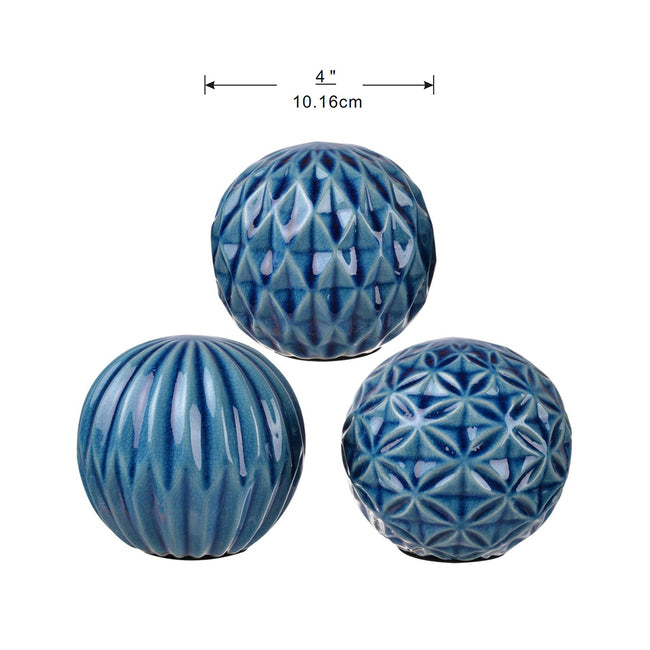Set of 3 Blue Marbleized Balls - 10cm Ceramic