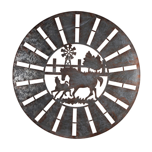 Galvanised w Rust Horses Round Laser Cut Wall Art 100cm