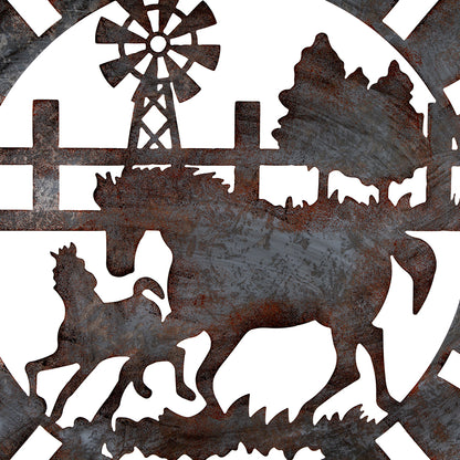 Galvanised w Rust Horses Round Laser Cut Wall Art 100cm