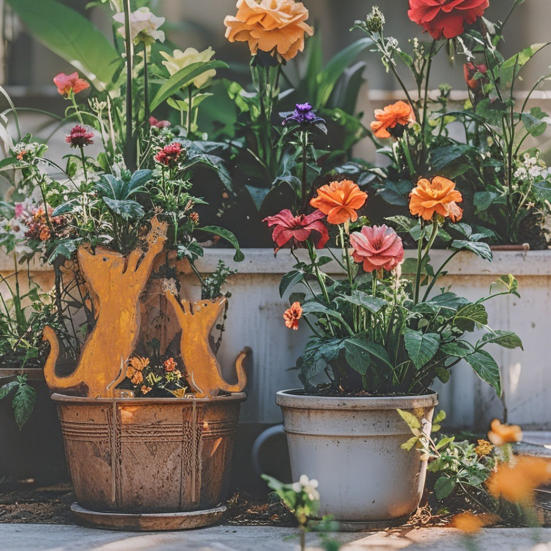 Rust Cat & Kitten Garden Stake 43cm - Hand Painted Galvanised Metal Ornament