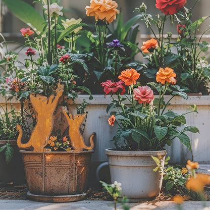 Rust Cat & Kitten Garden Stake 43cm - Hand Painted Galvanised Metal Ornament