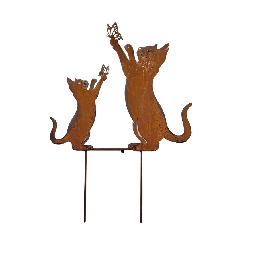 Rust Cat & Kitten Garden Stake 43cm - Hand Painted Galvanised Metal Ornament