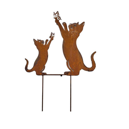Rust Cat & Kitten Garden Stake 43cm - Hand Painted Galvanised Metal Ornament