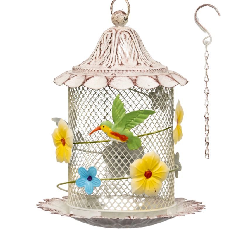 Hanging Mesh Birdfeeder w Flowers + Bird 58cm