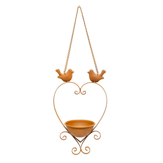 Premium Hanging Bird Feeder with Heart Shape & Decorative Birds - Rust