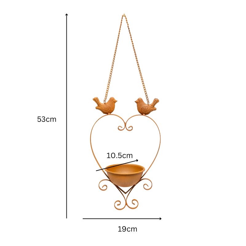 Premium Hanging Bird Feeder with Heart Shape & Decorative Birds - Rust