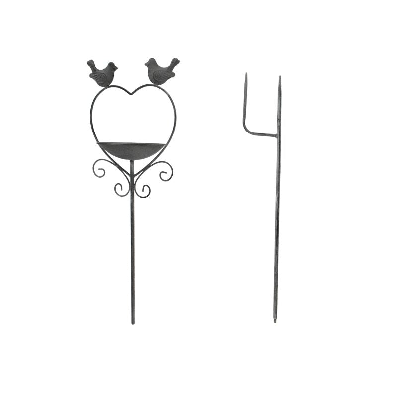 Free Standing Iron Bird Feeder Garden Stake, Heart w 2 Birds, 100cm - Antique Grey