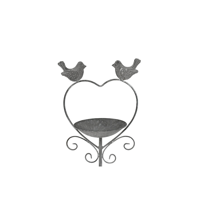Free Standing Iron Bird Feeder Garden Stake, Heart w 2 Birds, 100cm - Antique Grey
