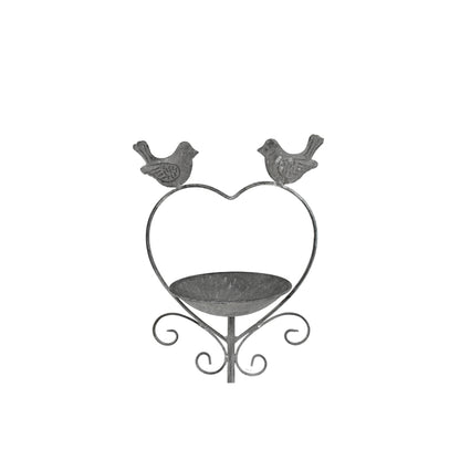 Free Standing Iron Bird Feeder Garden Stake, Heart w 2 Birds, 100cm - Antique Grey