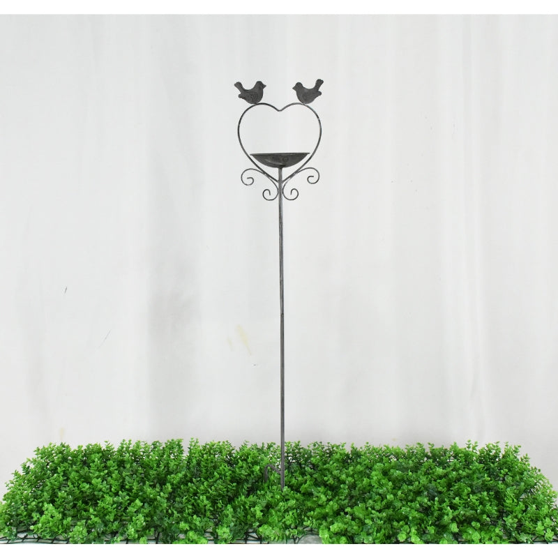 Free Standing Iron Bird Feeder Garden Stake, Heart w 2 Birds, 100cm - Antique Grey
