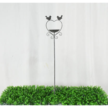 Free Standing Iron Bird Feeder Garden Stake, Heart w 2 Birds, 100cm - Antique Grey