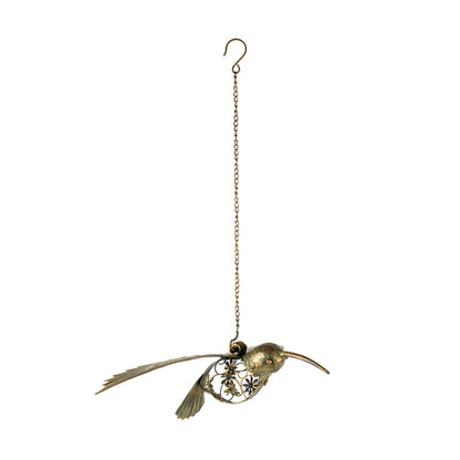 Large Metal Hanging Hummingbird Chime Hanger, Iron, Copper Green, 60cm
