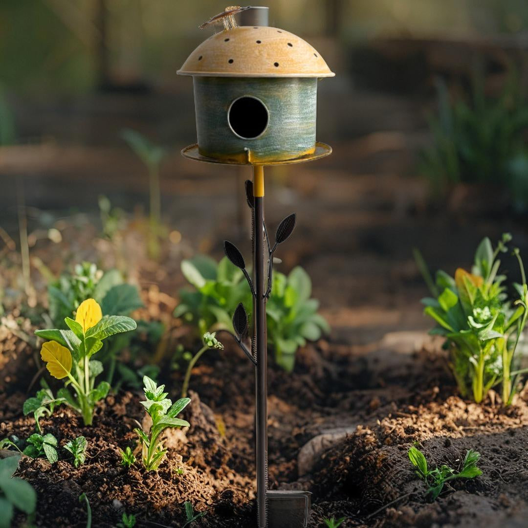 Multi-Colour Birdhouse on Leafy Garden Stake 42cm